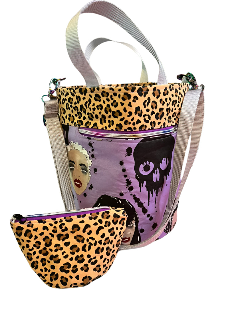 Leopard print bag with a purple design