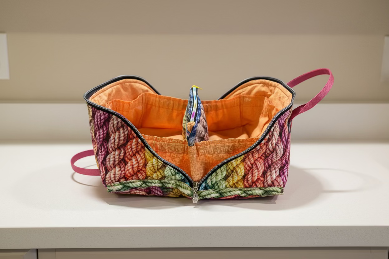 An open zippered fabric organizer bag with a bright orange interior lining and a multicolor patterned exterior, shown on a pink cutting mat in a sewing room setting.